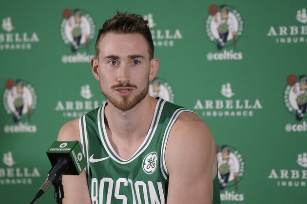 Boston Celtics forward Gordon Hayward faces reporters at NBA basketball media day, Monday, Sept. 24, 2018, in Canton, Mass. (AP Photo/Steven Senne)