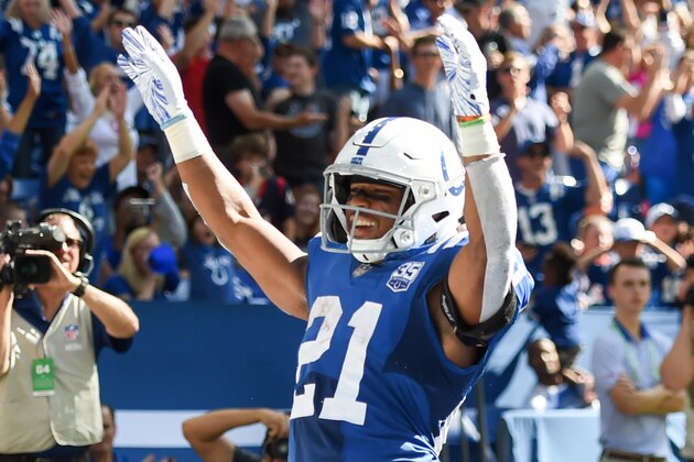INDIANAPOLIS, IN - SEPTEMBER 30: Nyheim Hines #42 of the Indianapolis Colts celebrates a touchdown in the third quarter against the Houston Texans at Lucas Oil Stadium on September 30, 2018 in Indianapolis, Indiana. (Photo by Bobby Ellis/Getty Images)