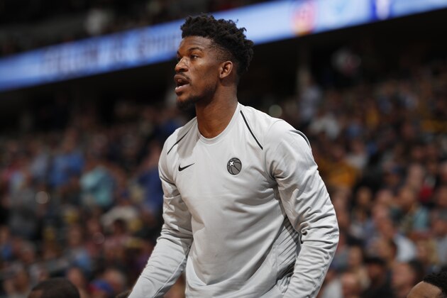 Minnesota Timberwolves guard Jimmy Butler (23) in the second half of an NBA basketball game Thursday, April 5, 2018, in Denver. The Nuggets won 100-96. (AP Photo/David Zalubowski)