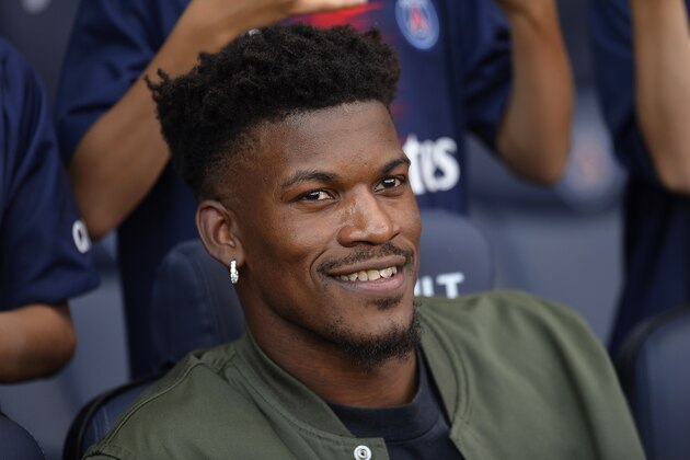 PARIS, FRANCE - AUGUST 25:  Jimmy Butler of the Minnesota Timberwolves attends the Ligue 1 match between Paris Saint-Germain and Angers SCO at Parc des Princes on August 25, 2018 in Paris, France.  (Photo by Aurelien Meunier/Getty Images)