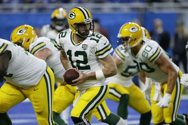 Green Bay Packers quarterback Aaron Rodgers (12) during pregame of an NFL football game against the Detroit Lions Sunday, Oct. 7, 2018, in Detroit. (AP Photo/Duane Burleson)