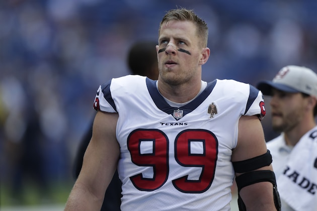 Houston Texans' J.J. Watt in action before an NFL football game between the Houston Texans and Indianapolis Colts, Sunday, Sept. 30, 2018, in Indianapolis. (AP Photo/Michael Conroy)