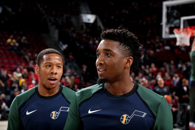 PORTLAND, OR - OCTOBER 7: Donovan Mitchell #45 of the Utah Jazz looks on before the game against the Portland Trail Blazers on October 7, 2018 at the Moda Center in Portland, Oregon. NOTE TO USER: User expressly acknowledges and agrees that, by downloading and or using this Photograph, user is consenting to the terms and conditions of the Getty Images License Agreement. Mandatory Copyright Notice: Copyright 2018 NBAE (Photo by Sam Forencich/NBAE via Getty Images)