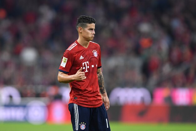 Bayern Munich's Colombian midfielder James Rodriguez reacts during the German first division Bundesliga football match FC Bayern Munich vs Borussia Moenchengladbach in Munich, southern Germany, on October 6, 2018. (Photo by Christof STACHE / AFP) / RESTRICTIONS: DFL REGULATIONS PROHIBIT ANY USE OF PHOTOGRAPHS AS IMAGE SEQUENCES AND/OR QUASI-VIDEO        (Photo credit should read CHRISTOF STACHE/AFP/Getty Images)
