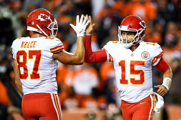 DENVER, CO - OCTOBER 1:  Quarterback Patrick Mahomes #15 of the Kansas City Chiefs celebrates with tight end Travis Kelce #87 after scoring a second quarter rushing touchdown against the Denver Broncos at Broncos Stadium at Mile High on October 1, 2018 in Denver, Colorado. (Photo by Dustin Bradford/Getty Images)