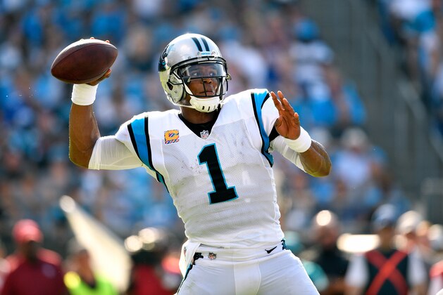 CHARLOTTE, NC - OCTOBER 07:  Cam Newton #1 of the Carolina Panthers against the New York Giants during their game at Bank of America Stadium on October 7, 2018 in Charlotte, North Carolina. The Panthers won 33-31.  (Photo by Grant Halverson/Getty Images)