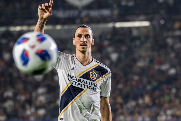 CARSON, CA - AUGUST 24:  Zlatan Ibrahimovic #9 of Los Angeles Galaxy during the Los Angeles Galaxy's MLS match against Los Angeles FC at the StubHub Center on August 24, 2018 in Carson, California.  The match ended in a 1-1 tie.  (Photo by Shaun Clark/Getty Images)