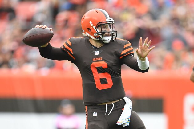CLEVELAND, OH - OCTOBER 07: Baker Mayfield #6 of the Cleveland Browns throws a pass in the third quarter against the Baltimore Ravens at FirstEnergy Stadium on October 7, 2018 in Cleveland, Ohio. (Photo by Jason Miller/Getty Images)