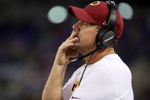 BALTIMORE, MD - AUGUST 30: Head coach Jay Gruden of the Washington Redskins looks on against the Baltimore Ravens in the first half of a preseason game at M&T Bank Stadium on August 30, 2018 in Baltimore, Maryland. (Photo by Rob Carr/Getty Images) BALTIMORE, MD - AUGUST 30: Head coach Jay Gruden of the Washington Redskins looks on against the Baltimore Ravens in the first half of a preseason game at M&T Bank Stadium on August 30, 2018 in Baltimore, Maryland. (Photo by Rob Carr/Getty Images)