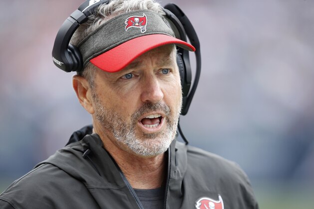 CHICAGO, IL - SEPTEMBER 30:  Head coach Dirk Koetter of the Tampa Bay Buccaneers stands on the sidelines in the first quarter against the Chicago Bears at Soldier Field on September 30, 2018 in Chicago, Illinois.  (Photo by Joe Robbins/Getty Images)