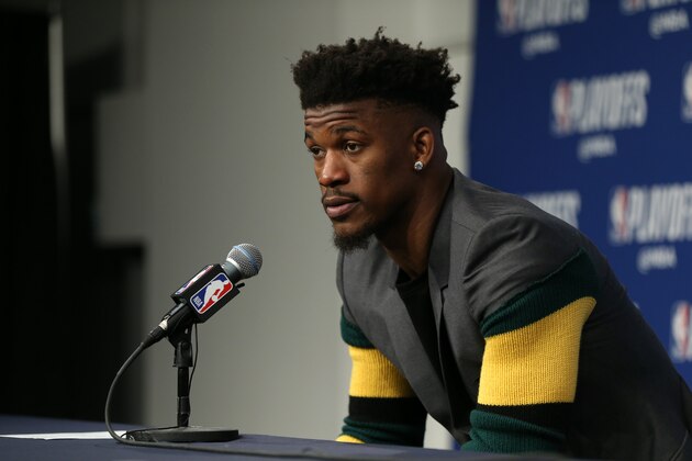 MINNEAPOLIS, MN - APRIL 23:  Jimmy Butler #23 of the Minnesota Timberwolves talks to the media after the game against the Houston Rockets in Game Four of Round One of the 2018 NBA Playoffs on April 23, 2018 at Target Center in Minneapolis, Minnesota. NOTE TO USER: User expressly acknowledges and agrees that, by downloading and or using this Photograph, user is consenting to the terms and conditions of the Getty Images License Agreement. Mandatory Copyright Notice: Copyright 2018 NBAE (Photo by David Sherman/NBAE via Getty Images)