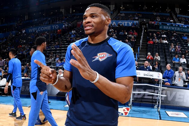 OKLAHOMA CITY, OK - OCTOBER 9:  Russell Westbrook #0 of the Oklahoma City Thunder looks on against the Milwaukee Bucks during a pre-season game on October 9, 2018 at Chesapeake Energy Arena in Oklahoma City, Oklahoma. NOTE TO USER: User expressly acknowledges and agrees that, by downloading and/or using this photograph, user is consenting to the terms and conditions of the Getty Images License Agreement. Mandatory Copyright Notice: Copyright 2018 NBAE (Photo by Garrett Ellwood/NBAE via Getty Images)