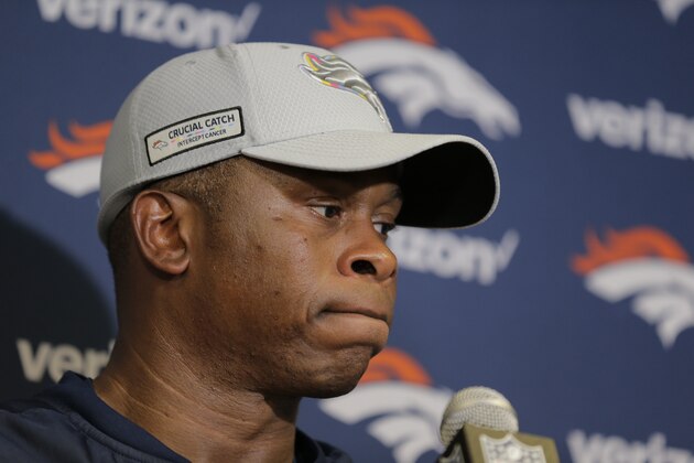 Denver Broncos head coach Vance Joseph speaks during a news conference after an NFL football game against the New York Jets Sunday, Oct. 7, 2018, in East Rutherford, N.J. The Jets won 34-16. (AP Photo/Seth Wenig)