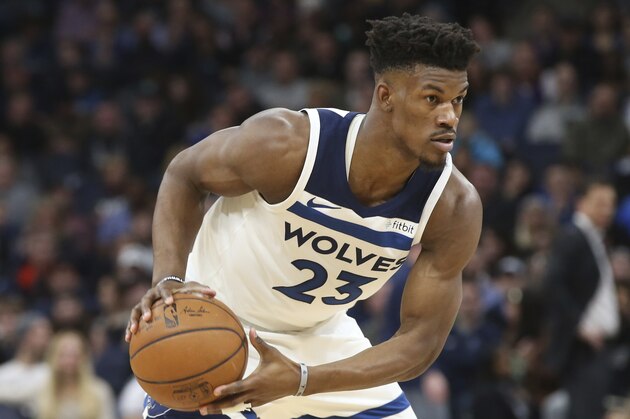 Minnesota Timberwolves' Jimmy Butler plays against the Los Angeles Lakers in the first half of an NBA basketball game Thursday, Feb. 15, 2018, in Minneapolis. (AP Photo/Jim Mone)