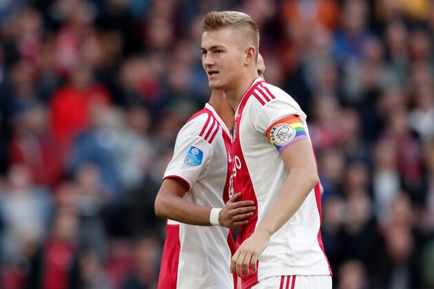 AMSTERDAM, NETHERLANDS - OCTOBER 7: (L-R) Noussair Mazraoui of Ajax, Matthijs de Ligt of Ajax  during the Dutch Eredivisie  match between Ajax v AZ Alkmaar at the Johan Cruijff Arena on October 7, 2018 in Amsterdam Netherlands (Photo by Soccrates/Getty Images)
