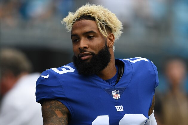 CHARLOTTE, NC - OCTOBER 07:  Odell Beckham #13 of the New York Giants against the Carolina Panthers during their game at Bank of America Stadium on October 7, 2018 in Charlotte, North Carolina. The Panthers won 33-31.  (Photo by Grant Halverson/Getty Images)