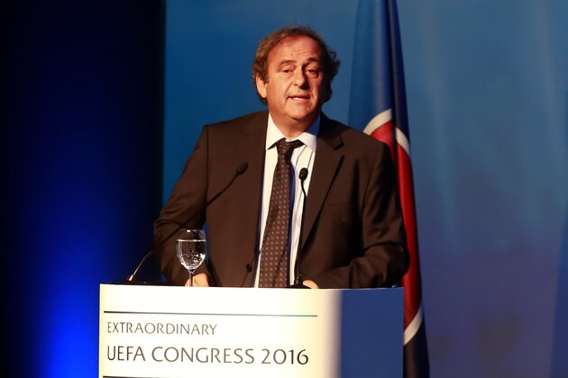 ATHENS, GREECE - SEPTEMBER14:Former UEFA President Michel Platini delivers his speech during UEFA elections, at 12th Extraordinary UEFA Congress in Athens, Greece, 14 September 2016. Michel Platini has been given permission by Fifa's ethics committee to address the Uefa congress in Athens despite his four-year ban from all football-related activity. (Photo by Milos Bicanski/Getty Images)