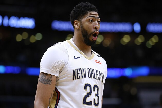 NEW ORLEANS, LA - MARCH 22:  Anthony Davis #23 of the New Orleans Pelicans reacts during the first half against the Los Angeles Lakers at the Smoothie King Center on March 22, 2018 in New Orleans, Louisiana. NOTE TO USER: User expressly acknowledges and agrees that, by downloading and or using this photograph, User is consenting to the terms and conditions of the Getty Images License Agreement.  (Photo by Jonathan Bachman/Getty Images)