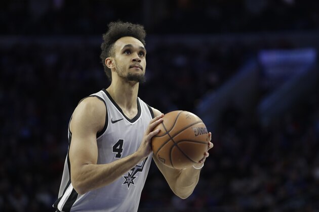 San Antonio Spurs' Derrick White in a action during an NBA basketball game against the Philadelphia 76ers, Wednesday, Jan. 3, 2018, in Philadelphia. (AP Photo/Matt Slocum)