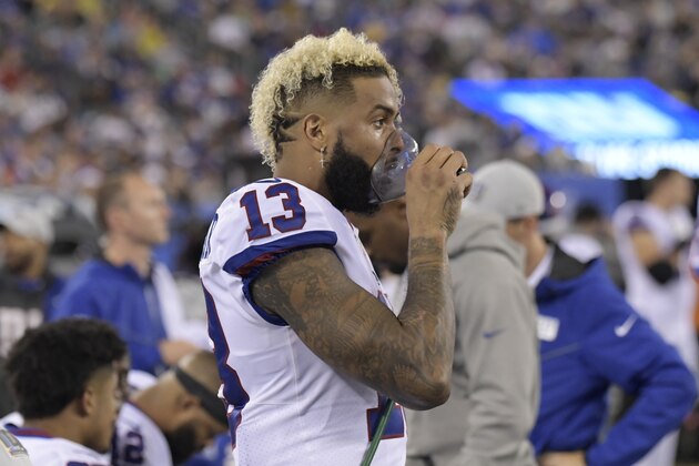 New York Giants wide receiver Odell Beckham (13) during the second half of an NFL football game against the Philadelphia Eagles Thursday, Oct. 11, 2018, in East Rutherford, N.J. (AP Photo/Bill Kostroun)
