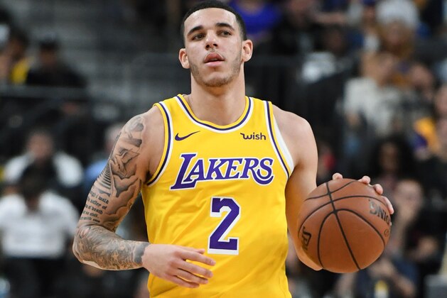 LAS VEGAS, NEVADA - OCTOBER 10:  Lonzo Ball #2 of the Los Angeles Lakers brings the ball up the court against the Golden State Warriors during their preseason game at T-Mobile Arena on October 10, 2018 in Las Vegas, Nevada. The Lakers defeated the Warriors 123-113. NOTE TO USER: User expressly acknowledges and agrees that, by downloading and or using this photograph, User is consenting to the terms and conditions of the Getty Images License Agreement.  (Photo by Ethan Miller/Getty Images)