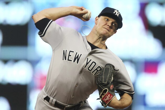 New York Yankees pitcher Sonny Gray throws against the Minnesota Twins in the first inning of a baseball game Tuesday, Sept. 11, 2018, in Minneapolis. (AP Photo/Jim Mone)