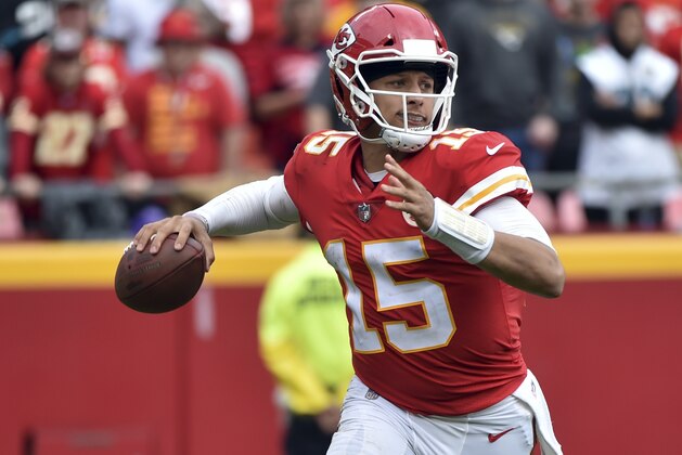 Kansas City Chiefs quarterback Patrick Mahomes (15) throws a pass during the second half of an NFL football game against the Jacksonville Jaguars in Kansas City, Mo., Sunday, Oct. 7, 2018. (AP Photo/Ed Zurga)