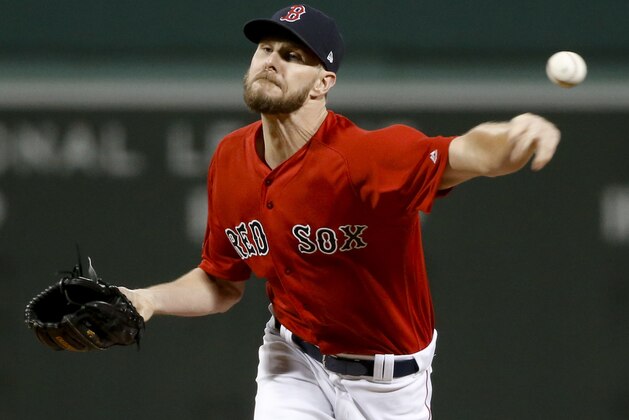 Boston Red Sox starting pitcher Chris Sale throws to a New York Yankees batter during the first inning of Game 1 of a baseball American League Division Series on Friday, Oct. 5, 2018, in Boston. (AP Photo/Elise Amendola)