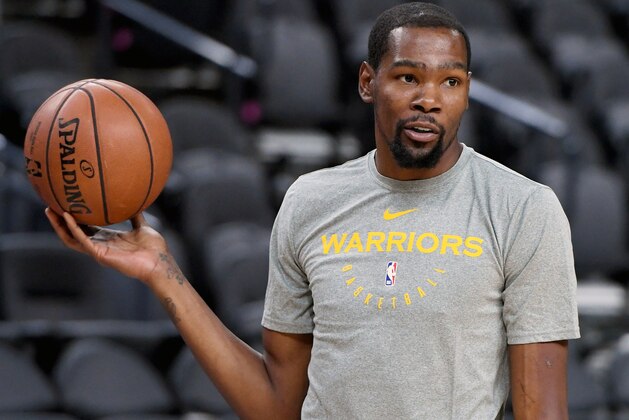 LAS VEGAS, NEVADA - OCTOBER 10:  Kevin Durant #35 of the Golden State Warriors attends a shootaround ahead of the team's preseason game against the Los Angeles Lakers at T-Mobile Arena on October 10, 2018 in Las Vegas, Nevada. NOTE TO USER: User expressly acknowledges and agrees that, by downloading and or using this photograph, User is consenting to the terms and conditions of the Getty Images License Agreement.  (Photo by Ethan Miller/Getty Images)