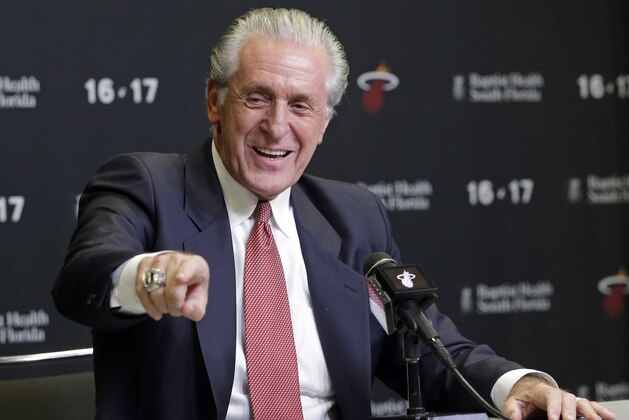 Miami Heat president Pat Riley talks to reporters during an NBA basketball news conference, Thursday, Dec. 22, 2016, in Miami. The Heat will raise O'Neal's No. 32 banner to the rafters. He will be the third Heat player to get such an honor, joining only Alonzo Mourning and Tim Hardaway. (AP Photo/Alan Diaz)