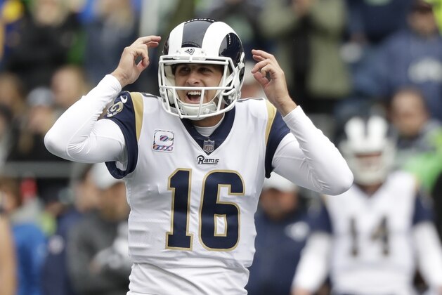 Los Angeles Rams quarterback Jared Goff (16) gestures at the line of scrimmage against the Seattle Seahawks during the first half of an NFL football game, Sunday, Oct. 7, 2018, in Seattle. (AP Photo/Elaine Thompson)