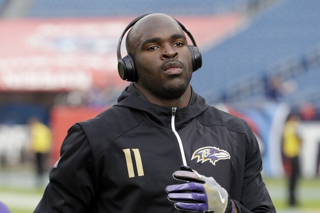 Baltimore Ravens wide receiver Breshad Perriman warms up before an NFL football game against the Tennessee Titans Sunday, Nov. 5, 2017, in Nashville, Tenn. (AP Photo/James Kenney)