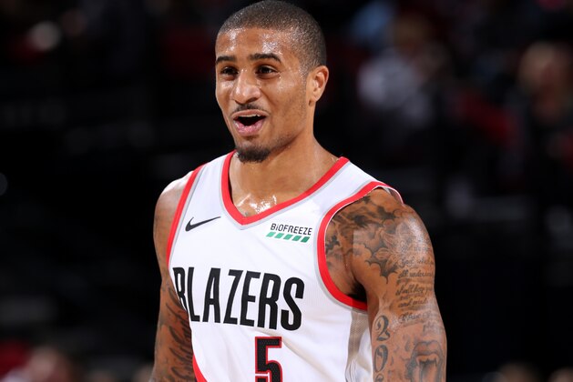 PORTLAND, OR - OCTOBER 10: Gary Payton II #5 of the Portland Trail Blazers reacts during a pre-season game against the Phoenix Suns on October 10, 2018 at Moda Center, in Portland, Oregon.  NOTE TO USER: User expressly acknowledges and agrees that, by downloading and/or using this Photograph, user is consenting to the terms and conditions of the Getty Images License Agreement. Mandatory Copyright Notice: Copyright 2018 NBAE (Photo by Sam Forencich/NBAE via Getty Images)