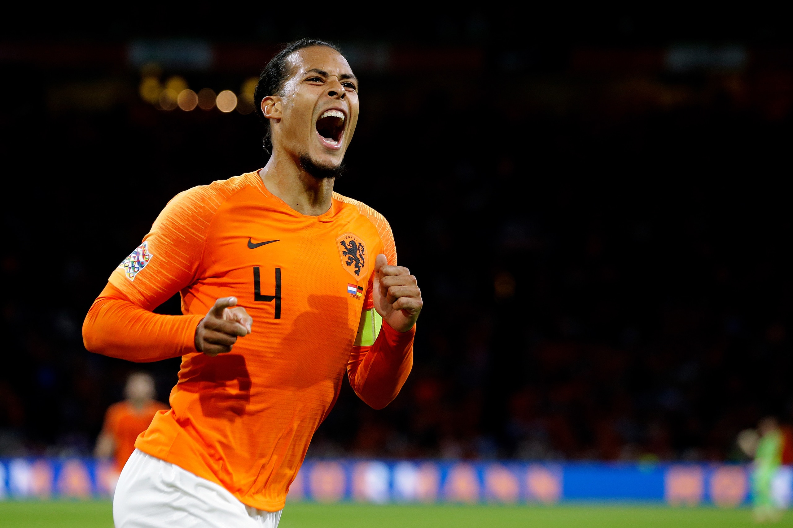 AMSTERDAM, NETHERLANDS - OCTOBER 13: Virgil van Dijk of Holland celebrates 1-0  during the  UEFA Nations league match between Holland  v Germany  at the Johan Cruijff Arena on October 13, 2018 in amsterdam Netherlands (Photo by Laurens Lindhout/Soccrates /Getty Images)