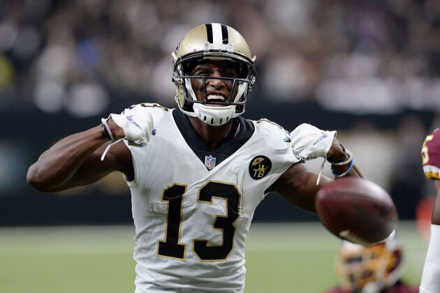 New Orleans Saints wide receiver Michael Thomas (13) reacts after a completion in the first half of an NFL football game against the Washington Redskins in New Orleans, Monday, Oct. 8, 2018. The Saints won 43-19. (AP Photo/Bill Feig)