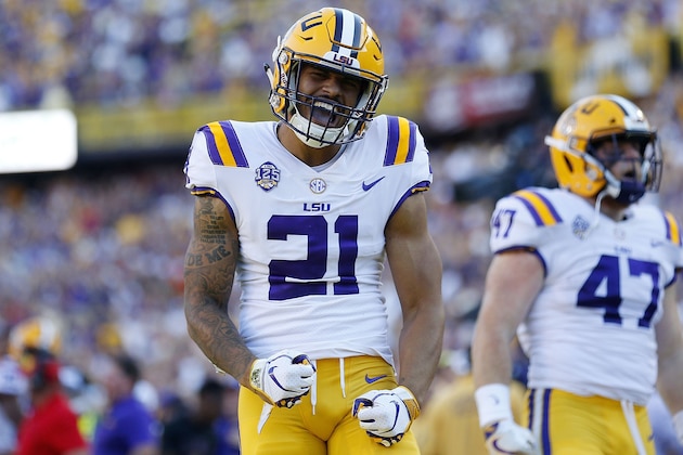 BATON ROUGE, LA - OCTOBER 13:  Ed Paris #21 of the LSU Tigers celebrates after focing a fumble during the second half against the Georgia Bulldogs at Tiger Stadium on October 13, 2018 in Baton Rouge, Louisiana.  (Photo by Jonathan Bachman/Getty Images)