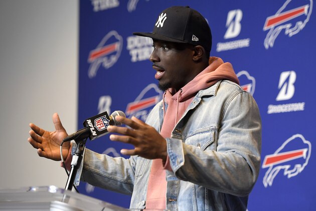 Buffalo Bills running back LeSean McCoy talks to reporters after an NFL football game, Sunday, Oct. 7, 2018, in Orchard Park, N.Y. The Bills won 13-12. (AP Photo/Adrian Kraus)