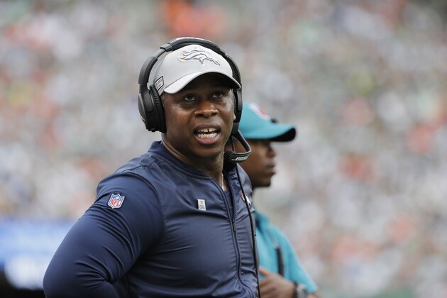 Denver Broncos head coach Vance Joseph reacts during the second half of an NFL football game against the New York Jets Sunday, Oct. 7, 2018, in East Rutherford, N.J. (AP Photo/Seth Wenig)