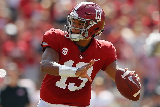 TUSCALOOSA, AL - SEPTEMBER 29:  Tua Tagovailoa #13 of the Alabama Crimson Tide looks to pass against the Louisiana Ragin Cajuns at Bryant-Denny Stadium on September 29, 2018 in Tuscaloosa, Alabama.  (Photo by Kevin C. Cox/Getty Images)