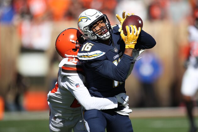 CLEVELAND, OH - OCTOBER 14: Tyrell Williams #16 of the Los Angeles Chargers makes a catch in front of E.J. Gaines #28 of the Cleveland Browns in the second quarter at FirstEnergy Stadium on October 14, 2018 in Cleveland, Ohio. (Photo by Gregory Shamus/Getty Images)