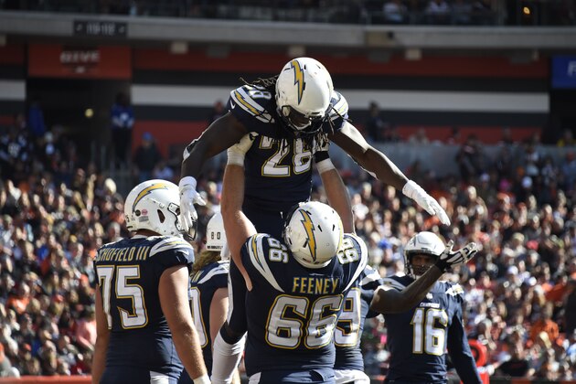CLEVELAND, OH - OCTOBER 14: Melvin Gordon #28 of the Los Angeles Chargers celebrates scoring a touchdown with Dan Feeney #66 of the Los Angeles Chargers in the third quarter against the Cleveland Browns at FirstEnergy Stadium on October 14, 2018 in Cleveland, Ohio. (Photo by Jason Miller/Getty Images)