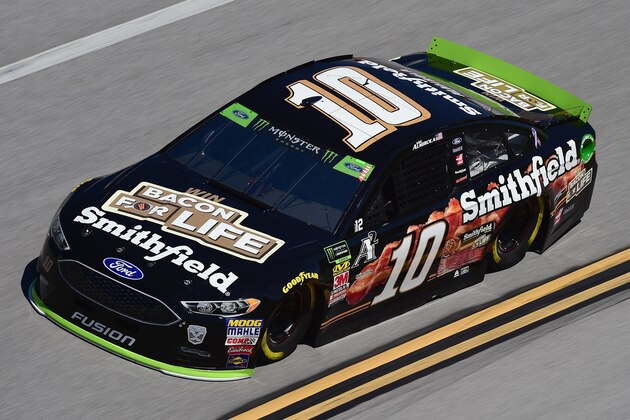 TALLADEGA, AL - OCTOBER 13:  Aric Almirola, driver of the #10 Smithfield Bacon for Life Ford, practices for the Monster Energy NASCAR Cup Series 1000Bulbs.com 500 at Talladega Superspeedway on October 13, 2018 in Talladega, Alabama.  (Photo by Jared C. Tilton/Getty Images)