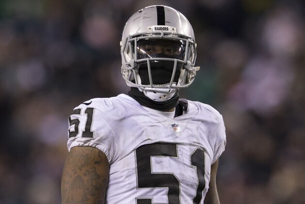 PHILADELPHIA, PA - DECEMBER 25: Bruce Irvin #51 of the Oakland Raiders looks on against the Philadelphia Eagles at Lincoln Financial Field on December 25, 2017 in Philadelphia, Pennsylvania. (Photo by Mitchell Leff/Getty Images)
