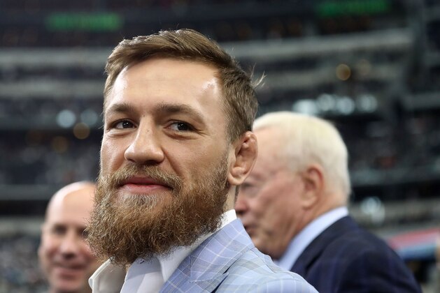 ARLINGTON, TX - OCTOBER 14:  Conor McGregor is seen on the sidelines before the NFL game between the Jacksonville Jaguars and Dallas Cowboys at AT&T Stadium on October 14, 2018 in Arlington, Texas.  (Photo by Ronald Martinez/Getty Images)