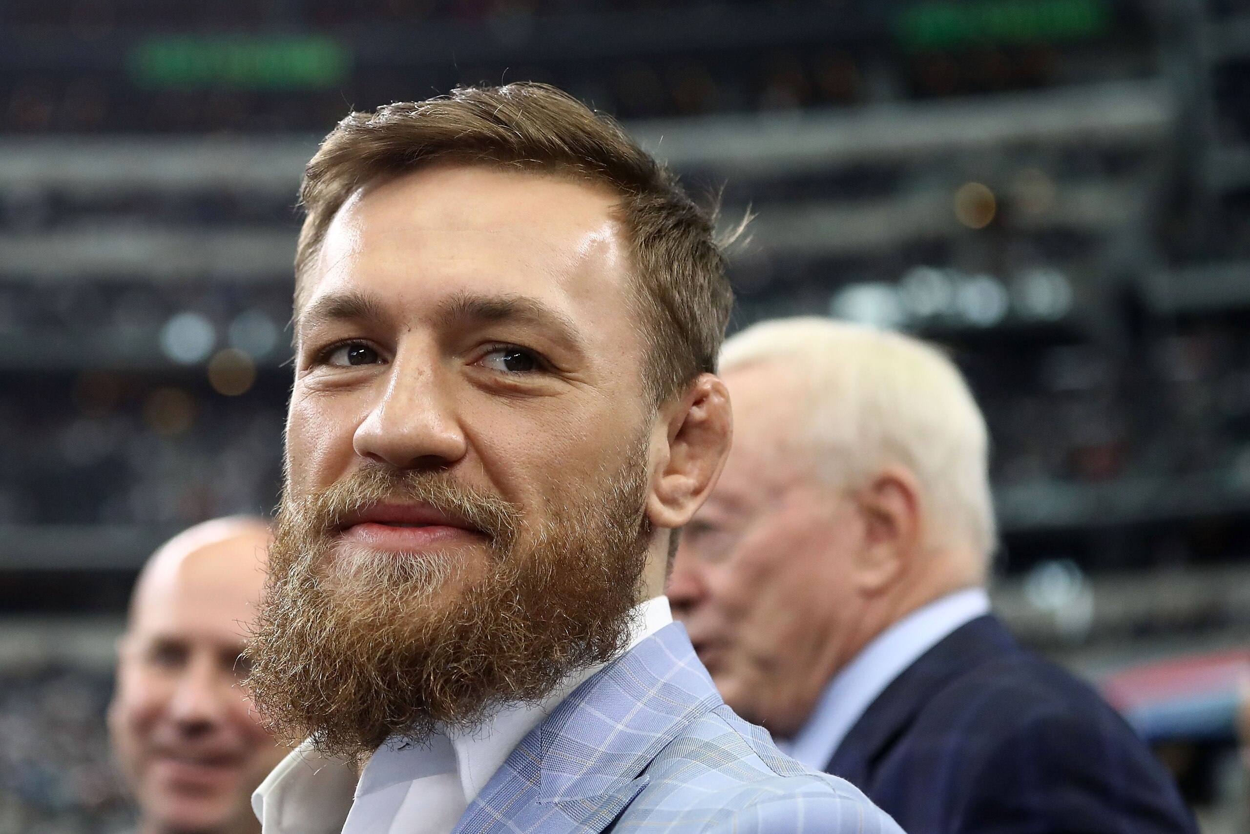 ARLINGTON, TX - OCTOBER 14:  Conor McGregor is seen on the sidelines before the NFL game between the Jacksonville Jaguars and Dallas Cowboys at AT&T Stadium on October 14, 2018 in Arlington, Texas.  (Photo by Ronald Martinez/Getty Images)