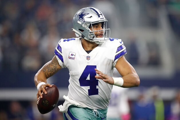 ARLINGTON, TX - OCTOBER 14:  Dak Prescott #4 of the Dallas Cowboys looks for an open reciever in the game against the Jacksonville Jaguars at AT&T Stadium on October 14, 2018 in Arlington, Texas.  (Photo by Wesley Hitt/Getty Images)