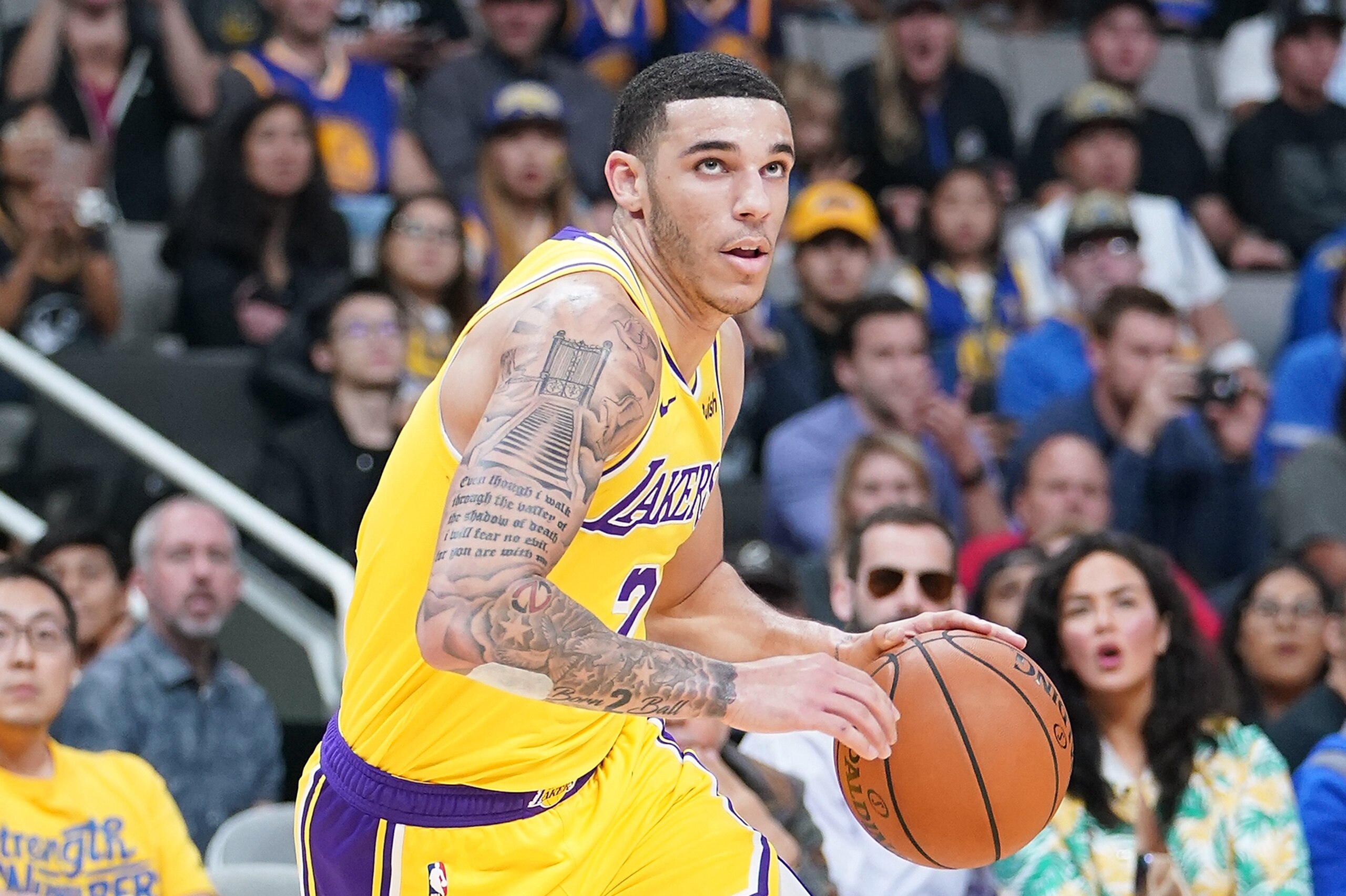 SAN JOSE, CA - OCTOBER 12:  Lonzo Ball #2 of the Los Angeles Lakers drives towards the basektet against the Golden State Warriors during the first half of their NBA basketball game at SAP Center on October 12, 2018 in San Jose, California. NOTE TO USER: User expressly acknowledges and agrees that, by downloading and or using this photograph, User is consenting to the terms and conditions of the Getty Images License Agreement.  (Photo by Thearon W. Henderson/Getty Images)