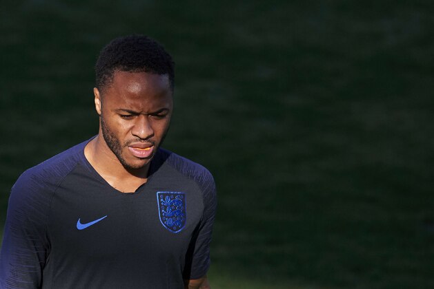 SEVILLE, SPAIN - OCTOBER 14: Raheem Sterling of England looks on during an England training session ahead of their UEFA Nations League match against Spain at Estadio Benito Villamarin on October 14, 2018 in Seville, Spain.  (Photo by Aitor Alcalde/Getty Images)