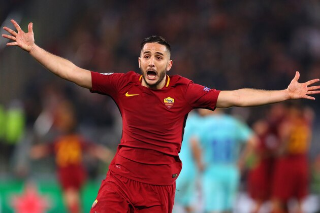 ROME, ITALY - APRIL 10: Kostas Manolas of AS Roma celebrates the win after the UEFA Champions League Quarter Final Leg Two between AS Roma and FC Barcelona  at Stadio Olimpico on April 10, 2018 in Rome, Italy. (Photo by Catherine Ivill/Getty Images)