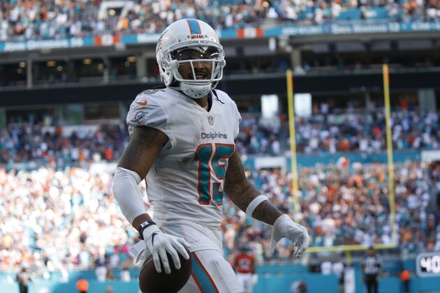 Miami Dolphins wide receiver Albert Wilson (15) celebrates after scoring a touchdown during the second half of an NFL football game, Sunday, Oct. 14, 2018, in Miami Gardens, Fla. (AP Photo/Joel Auerbach)